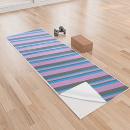[ Thumbnail: Plum, Dim Gray, and Deep Sky Blue Colored Striped Pattern Yoga Towel ]