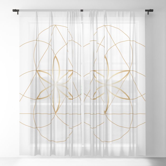 Sacred Geometric Flower of Life, Gold and White Sheer Curtain