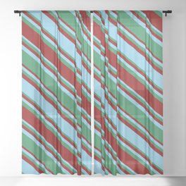 [ Thumbnail: Sky Blue, Sea Green, and Dark Red Colored Lined/Striped Pattern Sheer Curtain ]