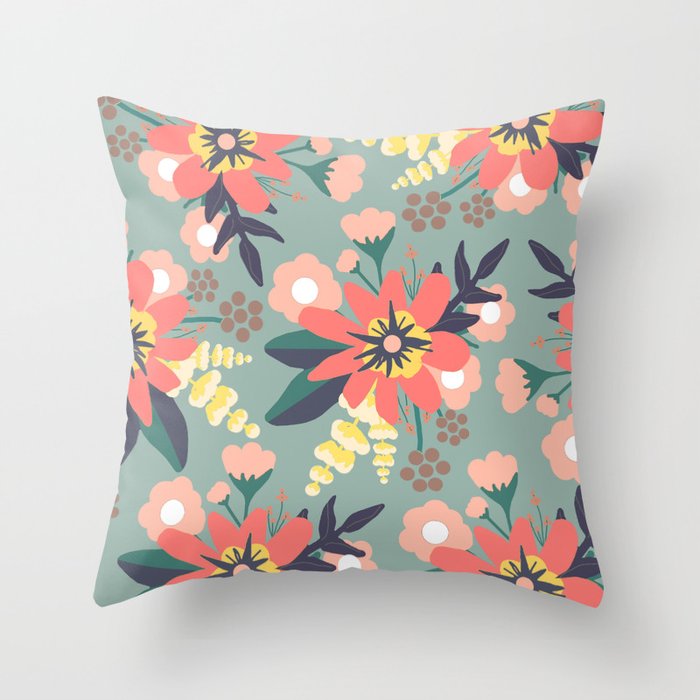 Coral and Seafoam Floral Print Throw Pillow