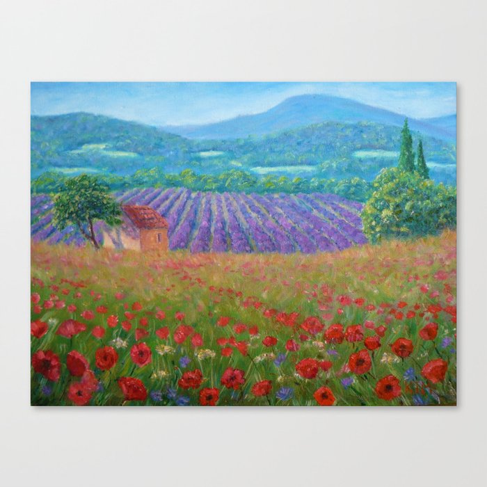 Province, France rolling hills of poppies and lavender fields floral landscape painting Canvas Print