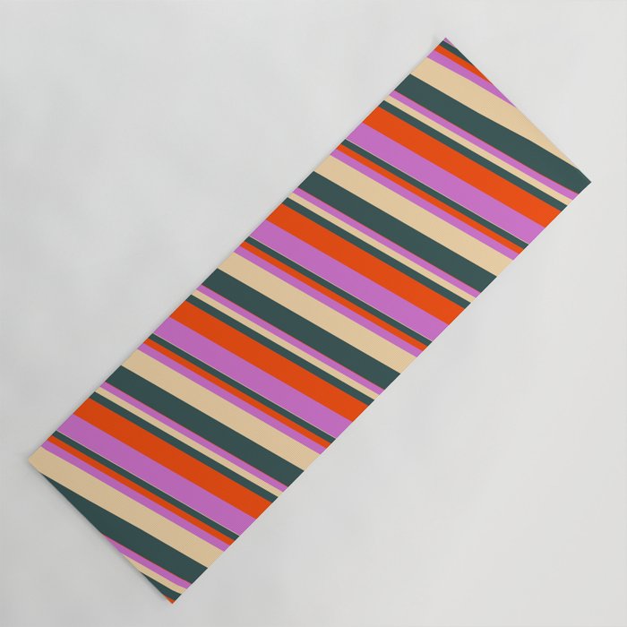 Tan, Dark Slate Gray, Red & Orchid Colored Lined/Striped Pattern Yoga Mat