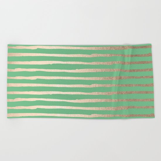 Abstract Stripes Gold Tropical Green Beach Towel
