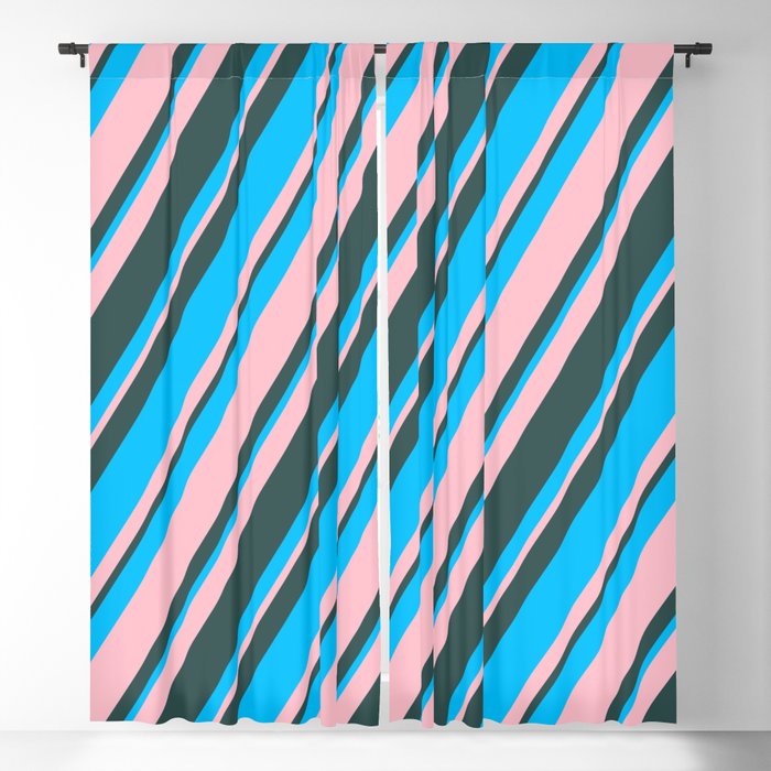 Deep Sky Blue, Pink & Dark Slate Gray Colored Stripes Pattern Blackout Curtain