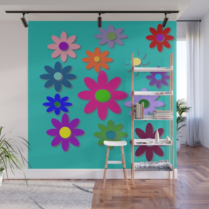 Flower Power - Teal Background - Fun Flowers - 60's Style - Hippie Syle Wall Mural