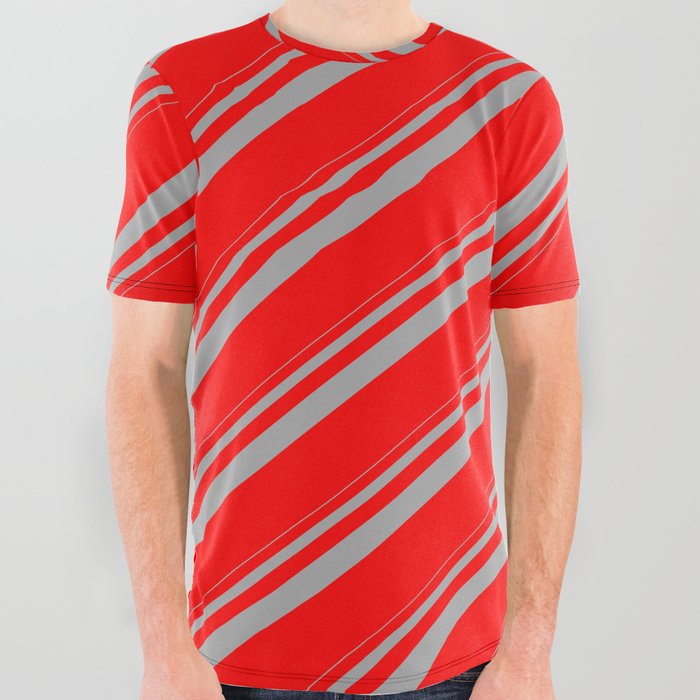 Dark Grey and Red Colored Lined Pattern All Over Graphic Tee