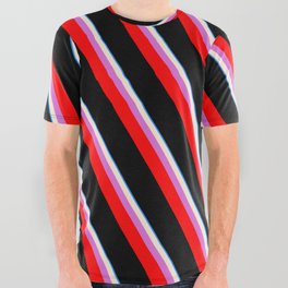 [ Thumbnail: Eyecatching Blue, Beige, Orchid, Red & Black Colored Lines/Stripes Pattern All Over Graphic Tee ]