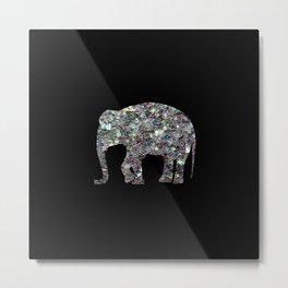 Sparkly colourful silver mosaic Elephant faux sparkles on black Metal Print