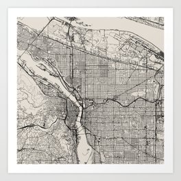 Portland City Map - Black and White Art Print
