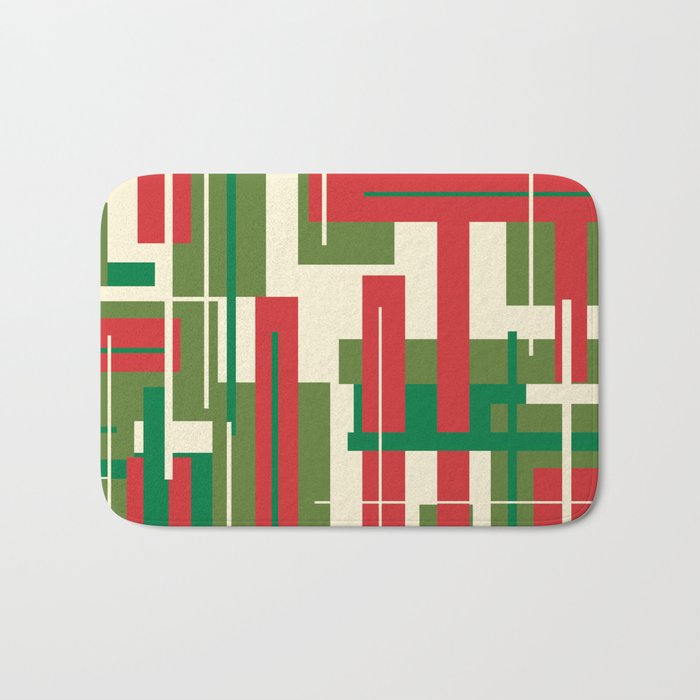 Mid Century Modern Deconstructed Christmas Plaid Pattern in Retro Red, Olive Green, and Xmas Cream Bath Mat