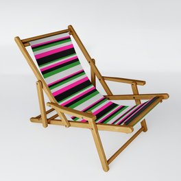 [ Thumbnail: Forest Green, Light Gray, Deep Pink, and Black Colored Stripes Pattern Sling Chair ]