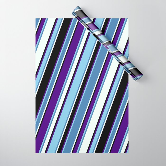 Colorful Indigo, Sky Blue, Blue, Mint Cream, and Black Colored Lines Pattern Wrapping Paper
