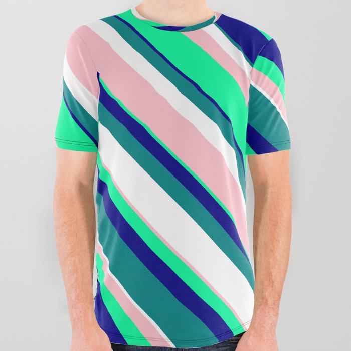 Vibrant Pink, Green, Blue, Teal, and White Colored Striped/Lined Pattern All Over Graphic Tee