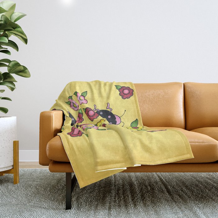 Ladybugs with Flowers Throw Blanket