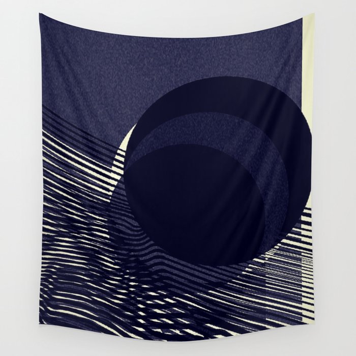 Navy Wavy Lines Eclipsed Wall Tapestry