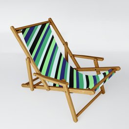 [ Thumbnail: Eyecatching Sea Green, Light Cyan, Black, Green, and Midnight Blue Colored Striped/Lined Pattern Sling Chair ]