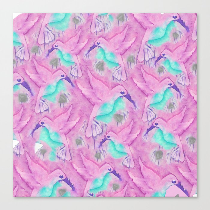 Beautiful pink teal purple watercolor hummingbird Canvas Print