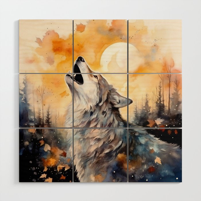 Wolf Howling at the Moon Wood Wall Art