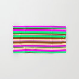 [ Thumbnail: Tan, Fuchsia, Green & Brown Colored Striped Pattern Hand & Bath Towel ]