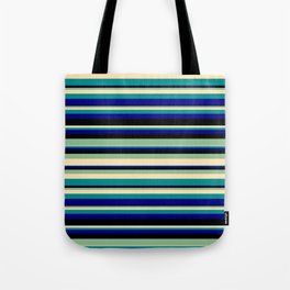 [ Thumbnail: Vibrant Dark Sea Green, Beige, Dark Cyan, Blue & Black Colored Striped/Lined Pattern Tote Bag ]