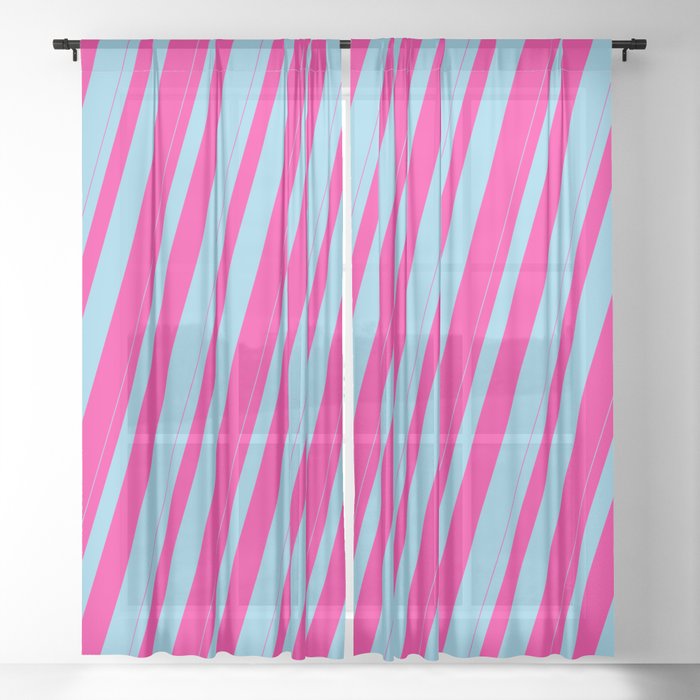 Sky Blue & Deep Pink Colored Striped Pattern Sheer Curtain