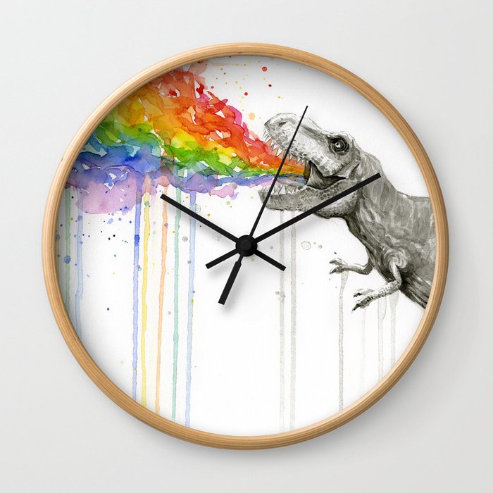 T-Rex Dinosaur Rainbow Puke Taste the Rainbow Watercolor Wall Clock