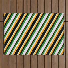 [ Thumbnail: Forest Green, Lavender, Orange & Black Colored Striped Pattern Outdoor Rug ]