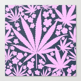 Modern Retro Cannabis And Flowers Pink On Navy Canvas Print
