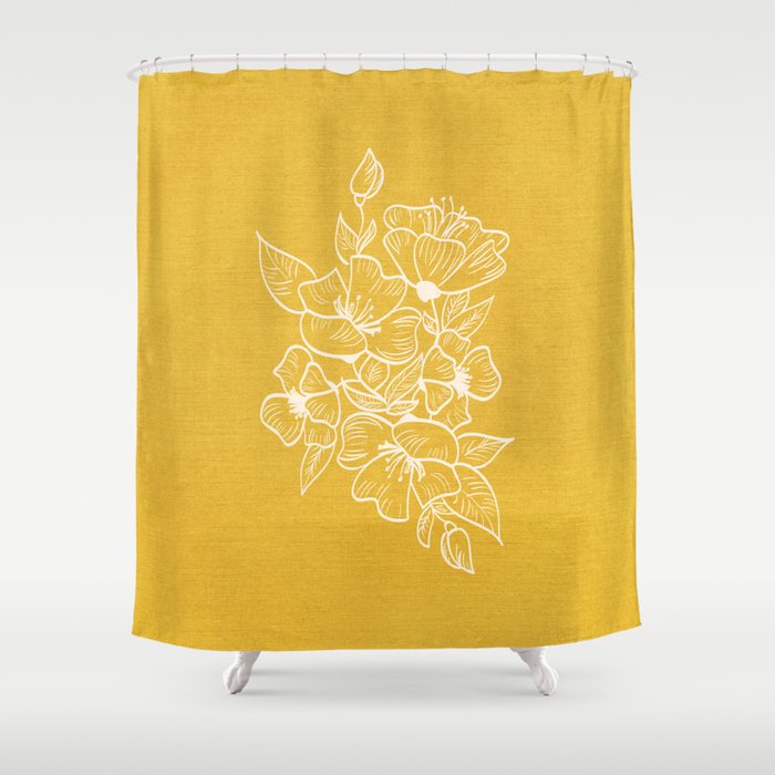 Scandinavian Brushed Gold Floral Ornament | Tropical Line Art Shower Curtain