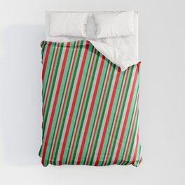 [ Thumbnail: Dark Green, Powder Blue, Red & Aquamarine Colored Pattern of Stripes Comforter ]