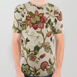 Red Green Jacobean Floral Embroidery Pattern All Over Graphic Tee