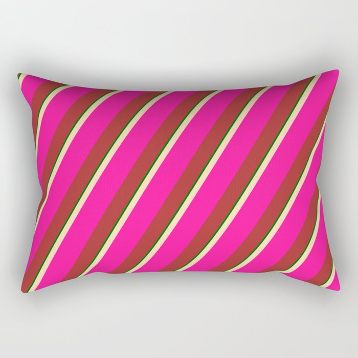Tan, Deep Pink, Brown & Dark Green Colored Stripes/Lines Pattern Rectangular Pillow