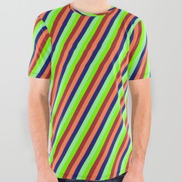 [ Thumbnail: Vibrant Green, Chartreuse, Brown, Coral, and Midnight Blue Colored Lines/Stripes Pattern All Over Graphic Tee ]