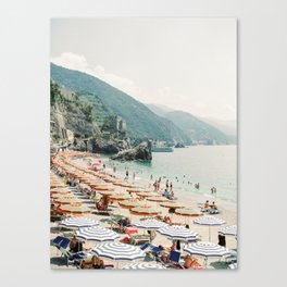 Coastline Monterosso Al Mare on film | Cinque Terre, Italy | Summer in Italy | Beach with umbrellas Canvas Print