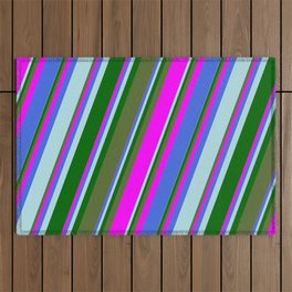 [ Thumbnail: Colorful Dark Olive Green, Fuchsia, Royal Blue, Powder Blue, and Dark Green Colored Lines Pattern Outdoor Rug ]
