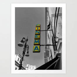 Yellow Cinema Sign in Bordighera Black and White Photography Art Print