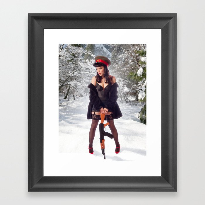 "Sovietsky on Ice" - The Playful Pinup - Russian Theme Pin-up Girl in Snow by Maxwell H. Johnson Framed Art Print