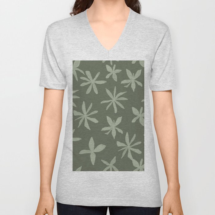 Moss and Sage Green Eclectic Flowers  V Neck T Shirt