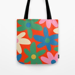 Daisy Time Colorful Retro Flower Pattern on Red 2 Tote Bag