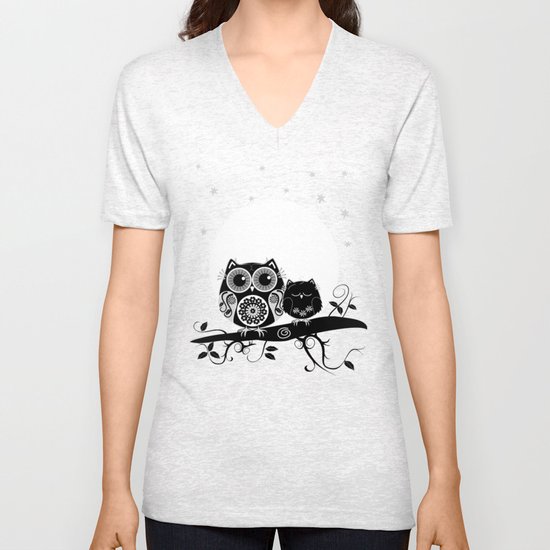 B&W Flower power Owl and her Sleepy Baby Unisex V-Neck
