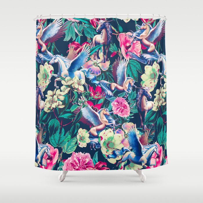 Unicorn and Floral Pattern Shower Curtain