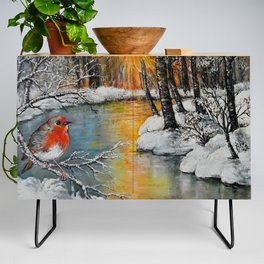 Winter forest landscape with robin Credenza
