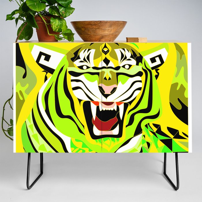 yellow light tiger ecopop in zodiac bengal wallpaper art  Credenza