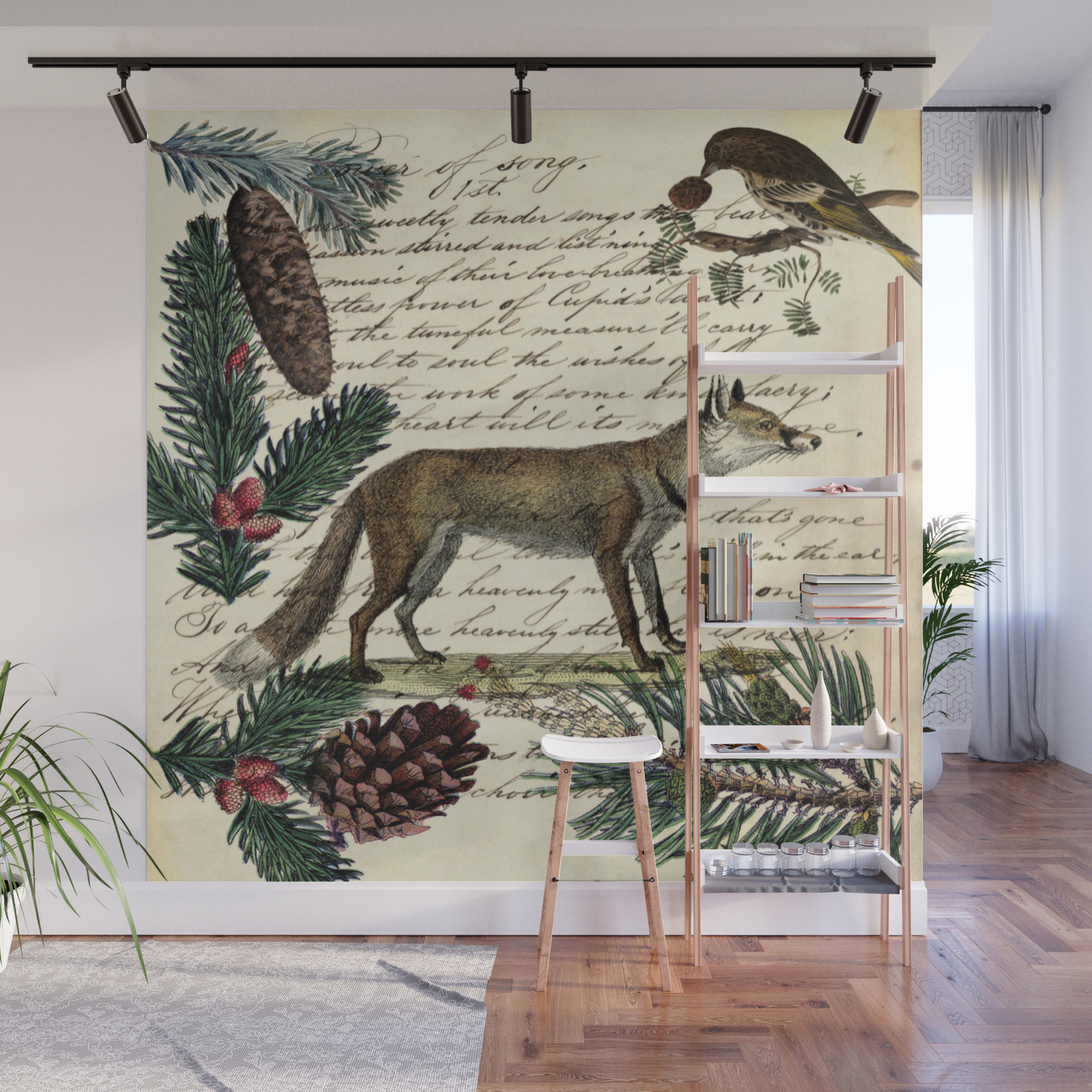 western country fairy rustic woodland nursery winter pine forest animal fox  Wall Mural by chicelegantboutique | Society6