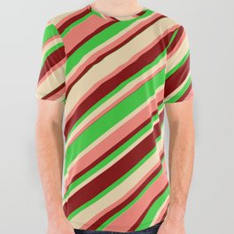 [ Thumbnail: Salmon, Maroon, Lime Green & Tan Colored Lines Pattern All Over Graphic Tee ]