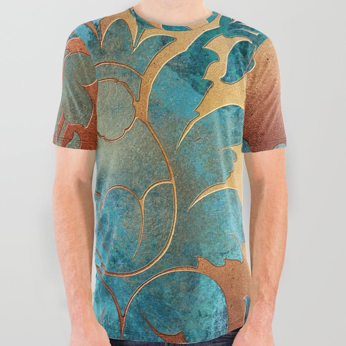 Teal and Rust, Flourish, Damask, Blue, Copper, Floral All Over Graphic Tee