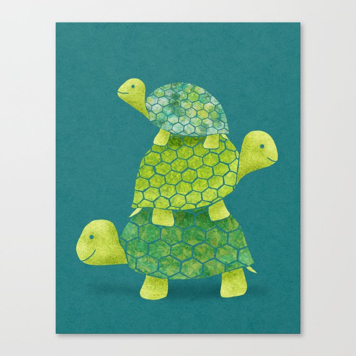 Turtle Stack Family in Teal and Lime Green Canvas Print
