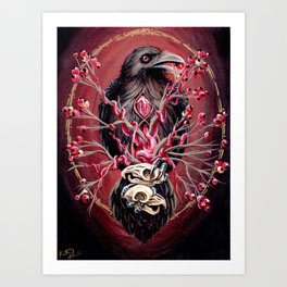 Black Raven Bird with Mice Skulls and Fruit Art Print