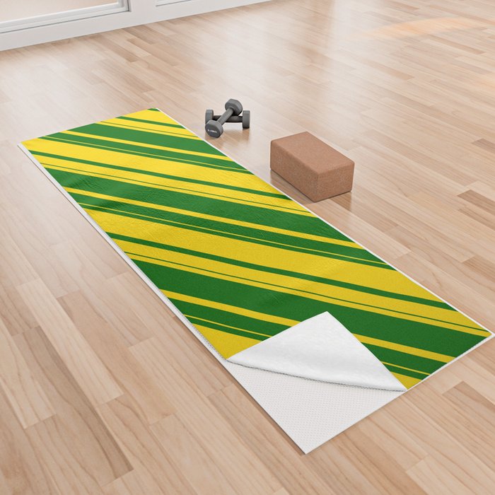Yellow & Dark Green Colored Lines/Stripes Pattern Yoga Towel