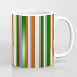 [ Thumbnail: Purple, Dark Green, Red & Beige Colored Pattern of Stripes Coffee Mug ]